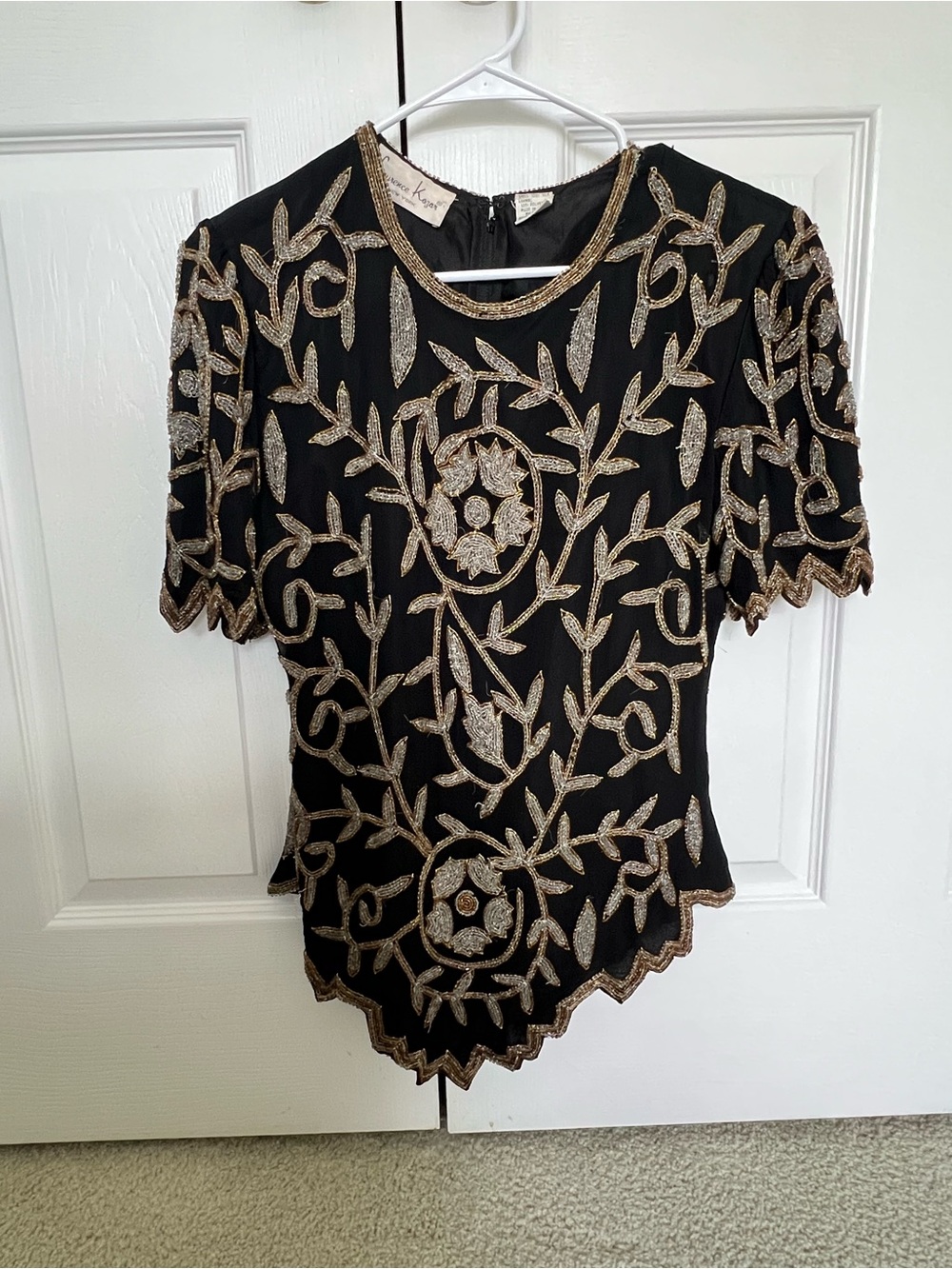 Laurence Kazar Black Top with Gold Sequin Embroidery